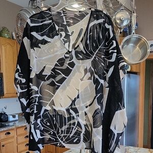 Chicos Sheer Black and White and Cream Leaf Print Top